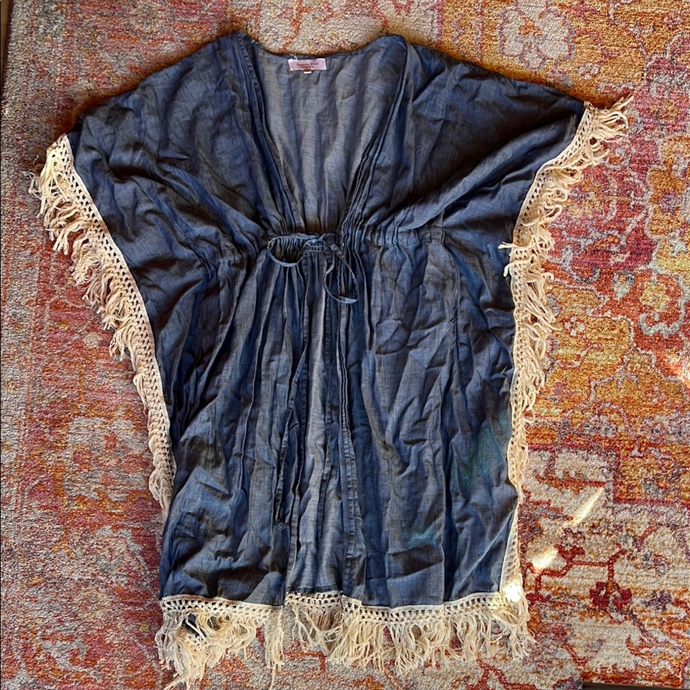 Blue Kimono style coverup with Fringe Trim